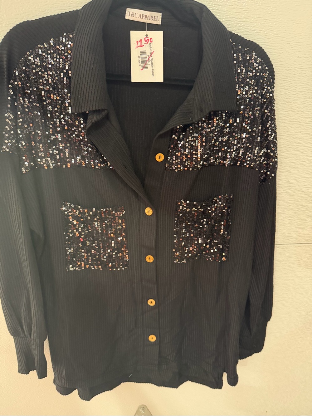 Black Sequin Button-Down Shirt